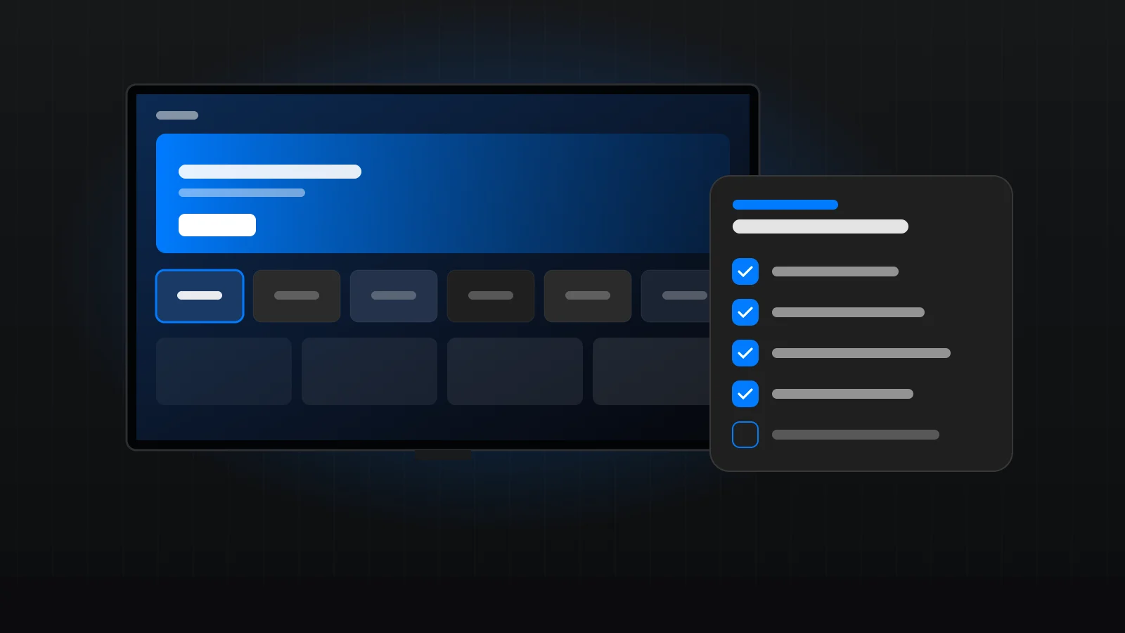 Smart TV home screen with streaming apps and a setup checklist showing updates, apps, sign-in and picture settings completed