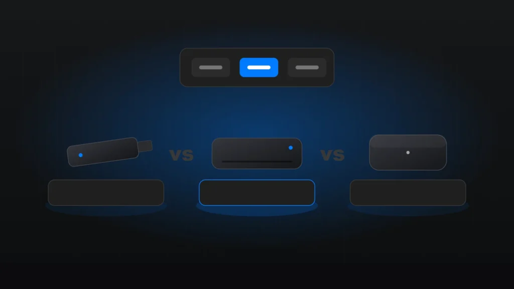 Three streaming devices side by side — a streaming stick, a set-top box and a compact media box — compared on display stands
