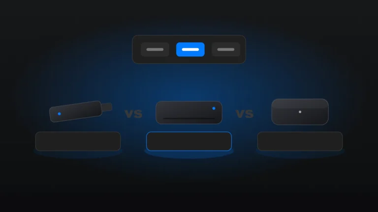 Three streaming devices side by side — a streaming stick, a set-top box and a compact media box — compared on display stands