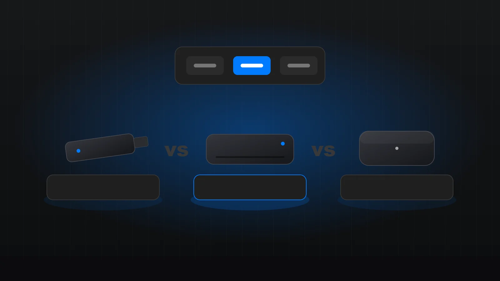 Three streaming devices side by side — a streaming stick, a set-top box and a compact media box — compared on display stands